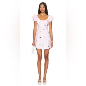 Fanm Mon Pink Embroidered Linen Puff Sleeve Open Back Mini Dress Large